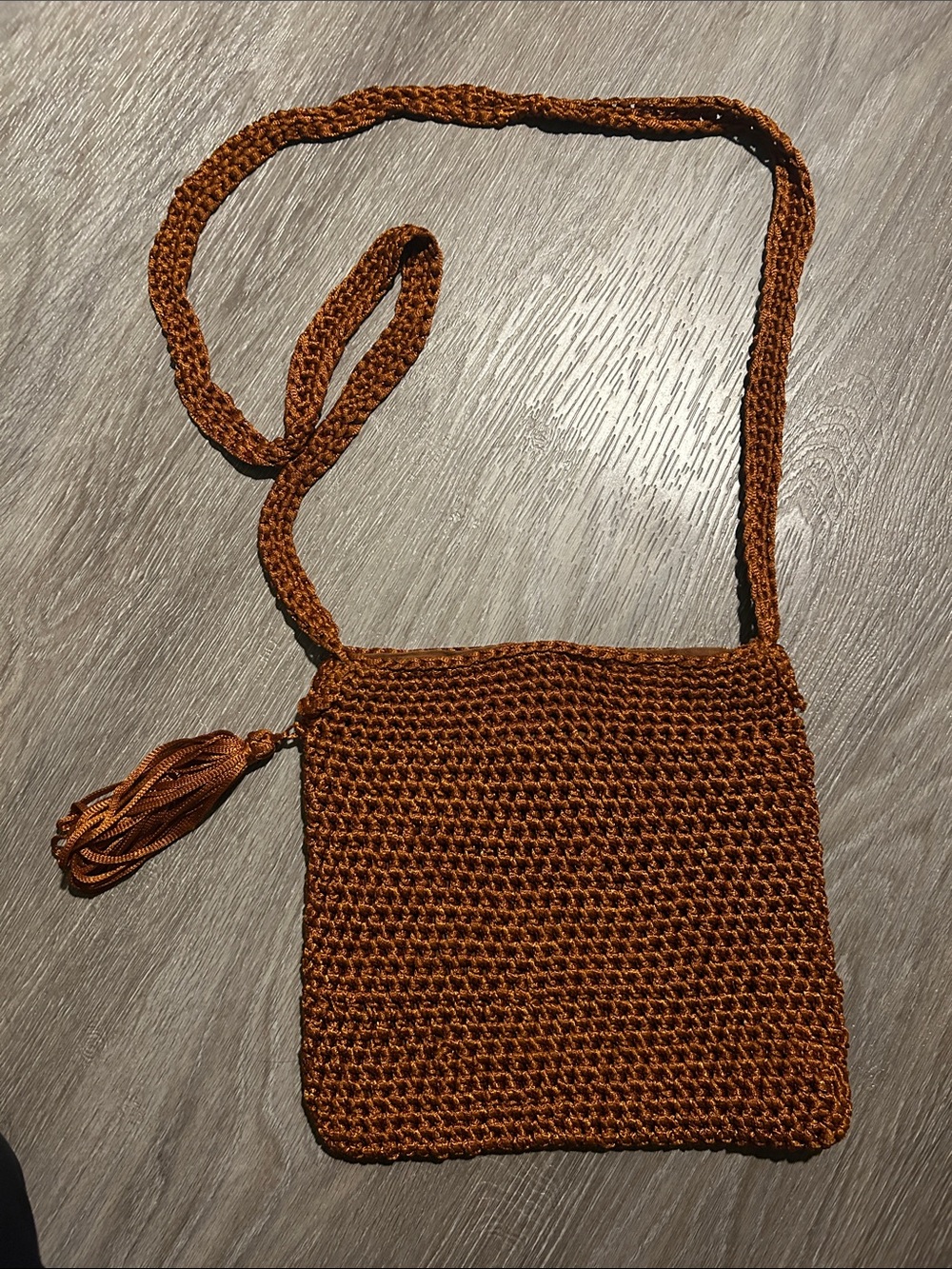 Saks Fifth Avenue Brown Handwoven Crochet Crossbody with Tassel